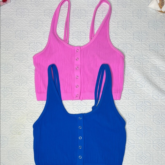 aerie Tops - Aerie Ribbed Snap-Front Crop Tank Top - Pink and Blue